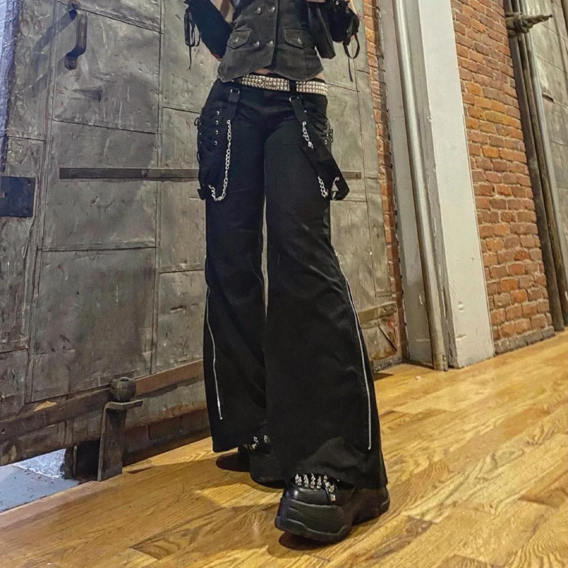Брюки-Багги женские черные в готическом стиле с широкими штанинами и высокой