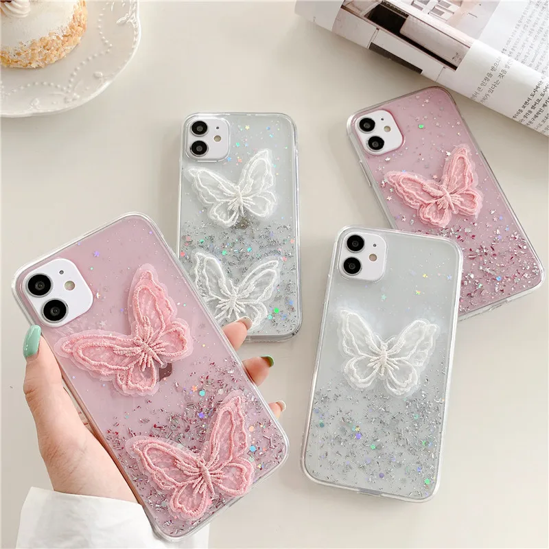 

3D Embroidery Butterfly Glitter Soft Shell Protective Cover Phone Case For XiaoMi Poco X3 11 10T For RedMi Note 10 9s 8 8T 7 Pro