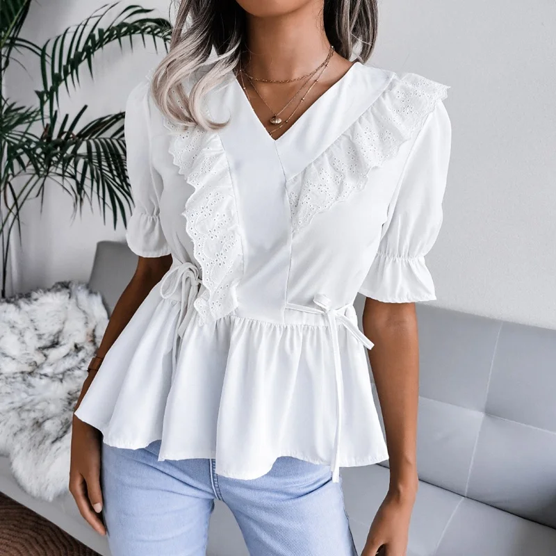 

2021 Women New Spring Summer Casual Lace Ruffle Short Sleeve Solid Color Waist Chic Chiffon All Match Top For Laides Fashion