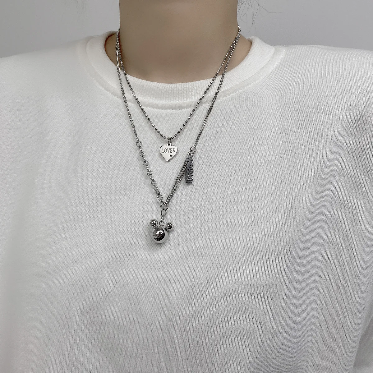 

Titanium steel love letter women's necklace cute cartoon bear animal pendant double layer asymmetric sweater chain