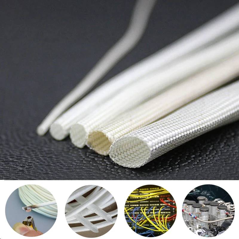 1/2/3/5/10M White 600°C High Temperature Braided Soft Fiber Tubing Insulation Cable Sleeving Fiberglass Tube 1-50mm Diameter