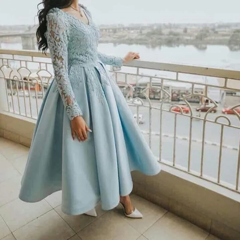 

Modest Baby Blue Short Evening Dress Long Sleeve Sexy V Neck A Line Lace Prom Dresses Satin Holiday Women Formal Party Skirt