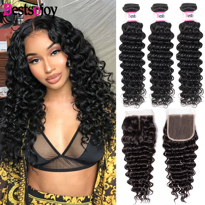 Bestsojoy глубокая волна пряди с закрытием человеческие волосы кружевом Remy