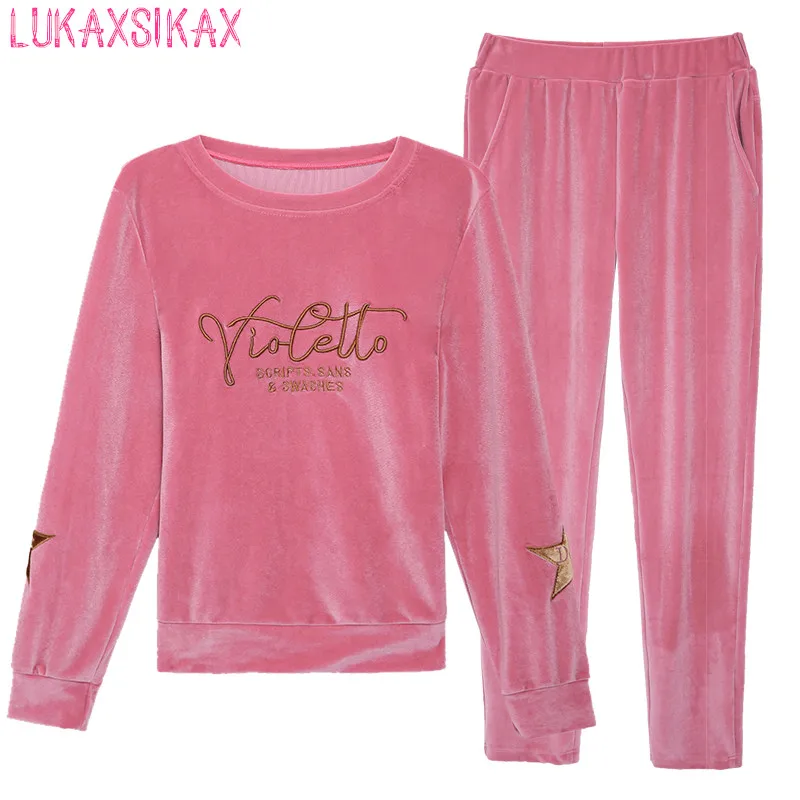 

LUKAXSIKAX 2020 New Spring Autumn Women Sets High Quality Letter Embroidery Gold Velvet Sweatshirt And Long Pant Two Piece Set