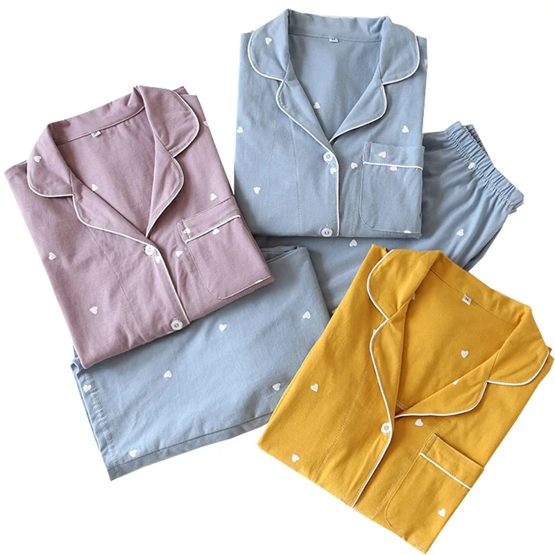 

Autumn & Winter Knitted Cotton Pajamas Set Women's Loose Lapel Thin Homewear Cotton Long-sleeved Large Size Soft Living Clothes