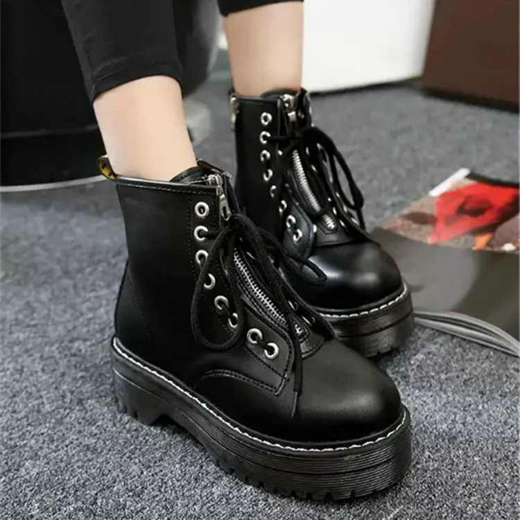 Black-Cotton Inner Г. Модная обувь на плоской подошве на молнии женские ботинки из pu искусственной кожи на платформе и высоком каблуке, обувь из коровьей кожи ботинки на шнуровке для девушек, Размеры 35-40, LL-52 - Цвет: Black-Cotton Inner