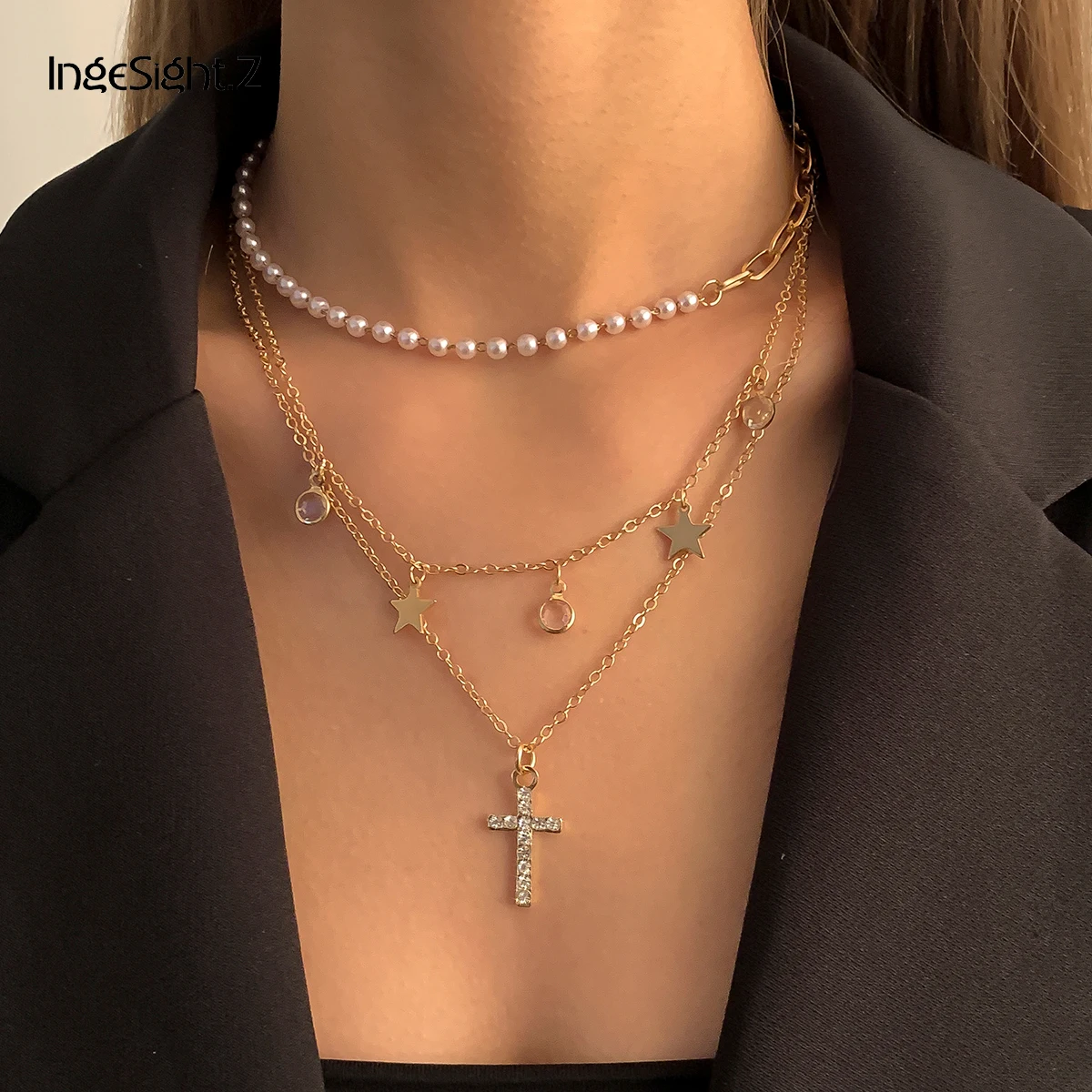 

IngeSight.Z Multilayer Pentagram Star Tassel Rhinestone Crystal Cross Pendant Necklace Imitation Pearl Choker Necklaces Jewelry