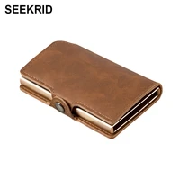 seekrid mens vintage leather credit card holder rfid blocking metal aluminum alloy business id cardholder slim wallet purse