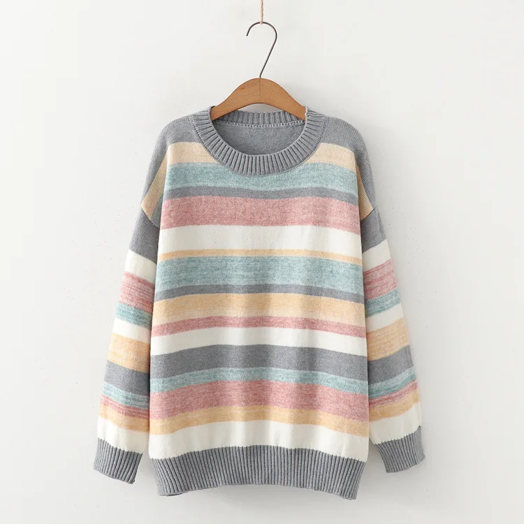

Urifens Winter 2021 Pullover New Round Neck Color Striped Sweater Student Pullover Long Sleeve Women Sweater T380