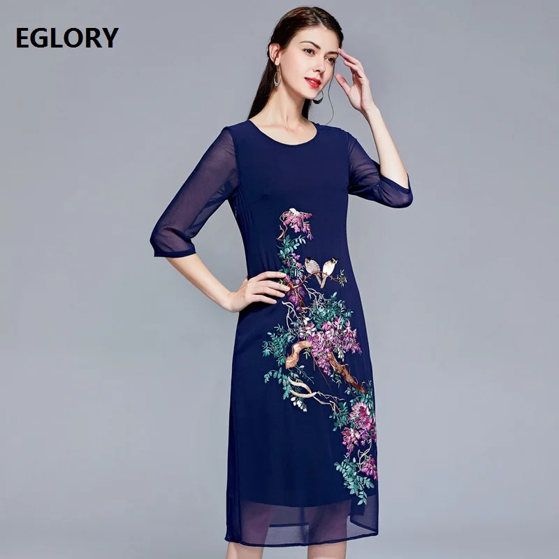 

High Quality Chiffon Dress 2020 Spring Summer Style Women O-Neck Cute Birds Floral Embroidery Mid-Calf Dark Blue Dress Plus Size