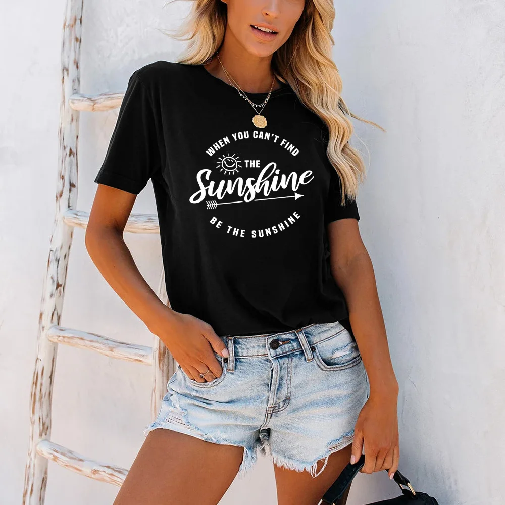 

Women Sunshine Print T-shirt Round Neck Short-sleeved Graphic Tee Tops Summer Ladies Casual Funny Basic Tees Clothes Green Black