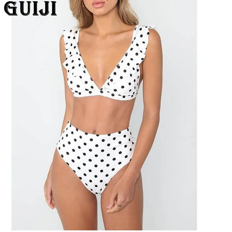 

【GUIJI】Ready Stock 2021 Sexy High-waist Bikini Polka-dot Swimsuit Ladies Bikini Two-piece Bikini with Ruffled Skinny Bikini