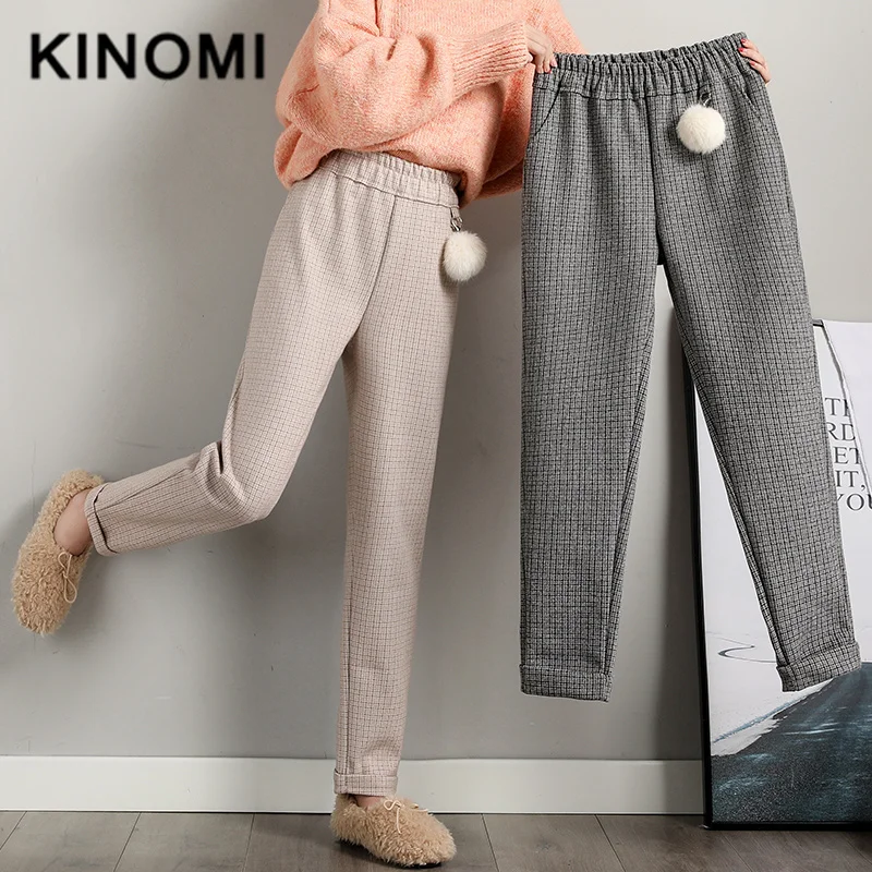 KINOMI Зима OL Стиль Женские клетчатые шерстяные шаровары эластичный пояс