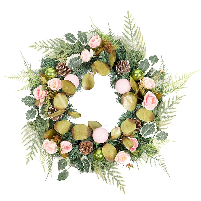 

Artificial Christmas Ball Wreath with Rose Flowers Pinecone for Front Door Wall Window Farmhouse Home Decoration