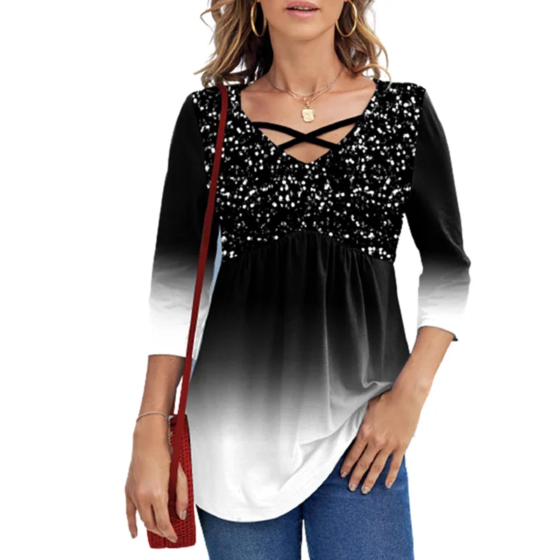 

Women Three Quarter Fashion T-Shirts Tie-dye Gradient Printed Spring Summer Top Tee Cross V-Neck Female Street All-match T-Shirt