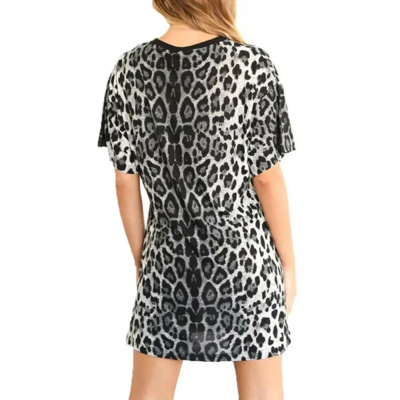 

Womens Leopard Short Sleeve Mini Dress Ladies Summer Casual Sundress Clubwear