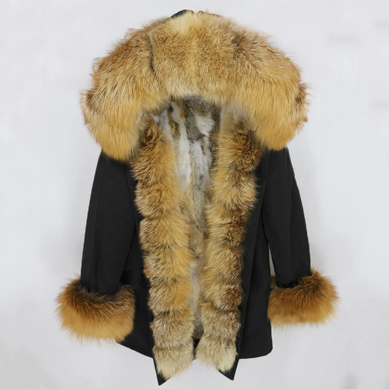 OFTBUY, водонепроницаемая парка, натуральное меховое пальто, зимняя куртка для женщин, воротник из натурального меха енота, капюшон, подкладка из натурального кроличьего меха, съемная - Цвет: black gold