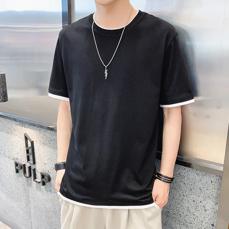 

2022 New Solid Color Patchwork Fake Two Piece Men Short Sleeve Tshirt Summer Loose Cotton Harajuku Clothing White Oversized Top