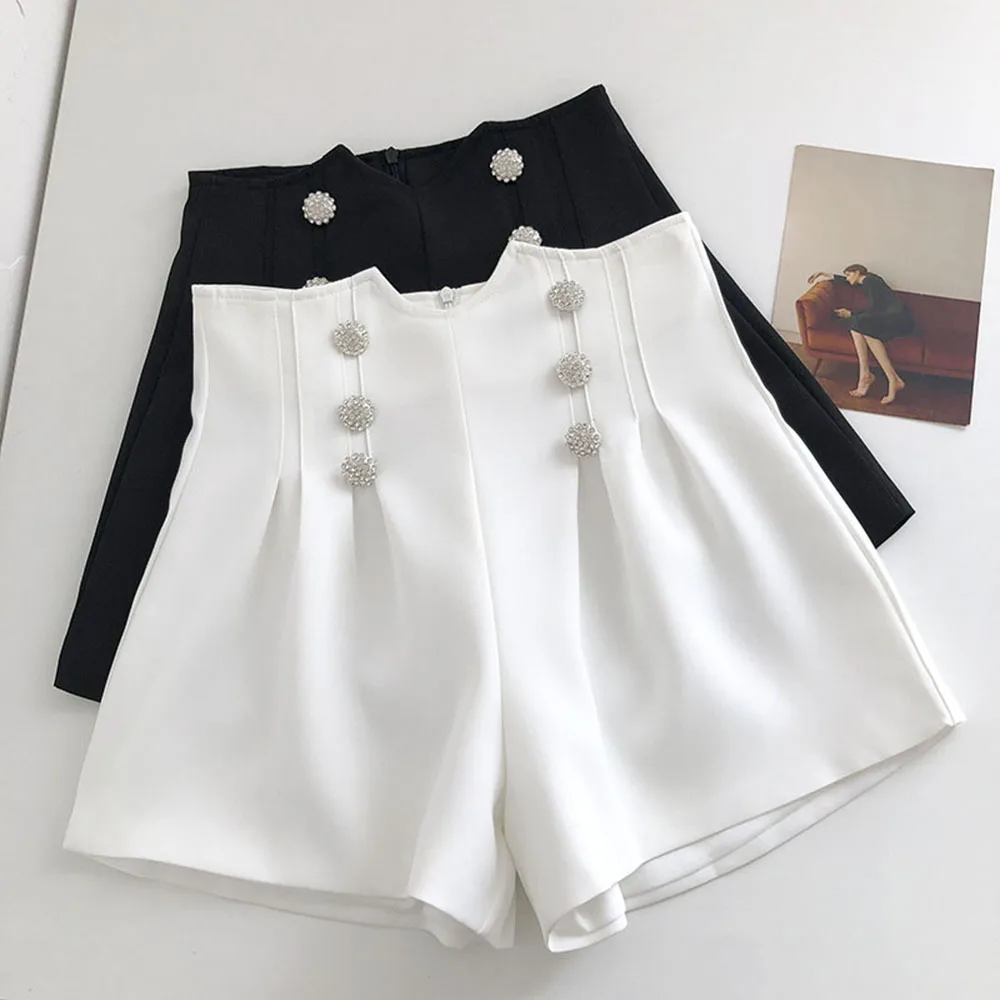 

Women 2021 Chic Fashion With Rhinestone Buttons Shorts Vintage High Waist Zipper Female Short Ropa Mujer