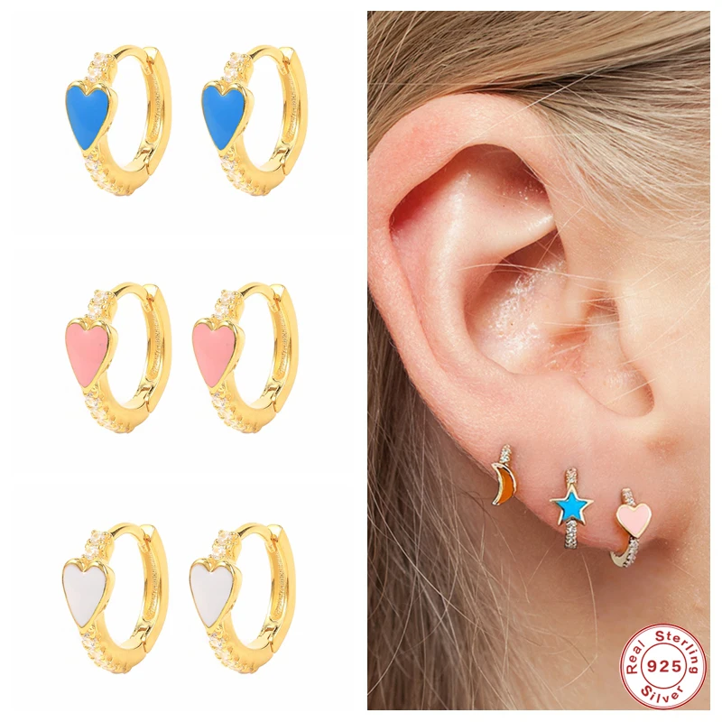 

GS 925 Sterling Silver Colorful Enamel Heart Hoop Earrings Valentine's gift for her Clear Zircon Pave Piercing Huggie Earrings