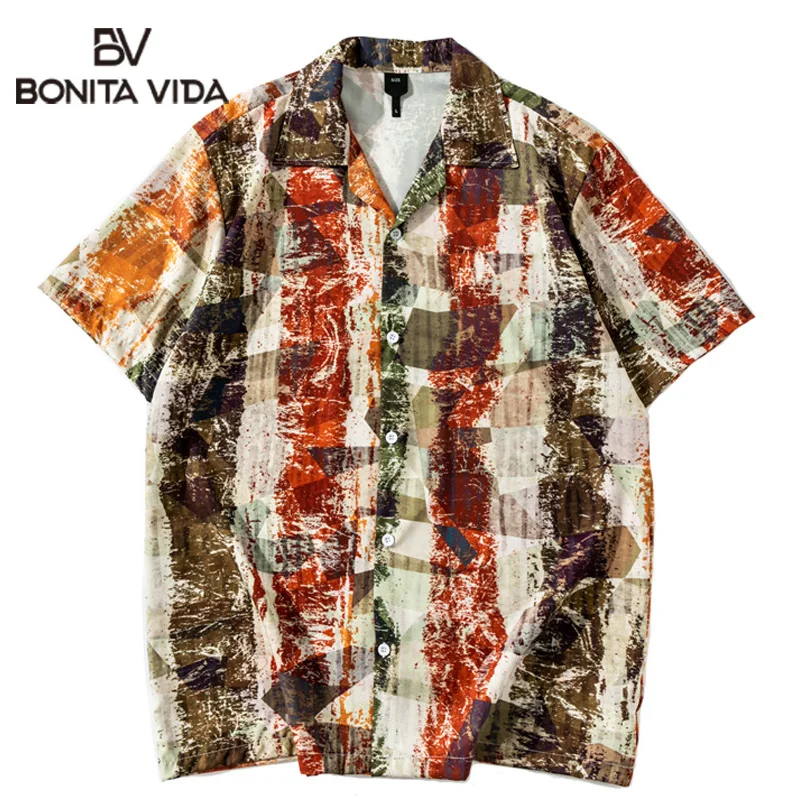 

Bonita Vida Hip Hop Striped Tie Dyeing Print Shirt Men Summer Vintage Hawaiian Short Sleeve Harajuku Beach Shirts Fashion Tops