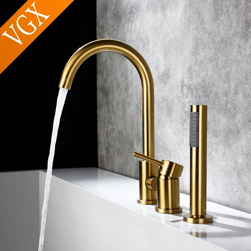

VGX Bathroom Bathtub Faucet with Handheld Shower Single Handle 3Hole Bath Mixer Shower Systems Brass Brushed Golden Chrome Black