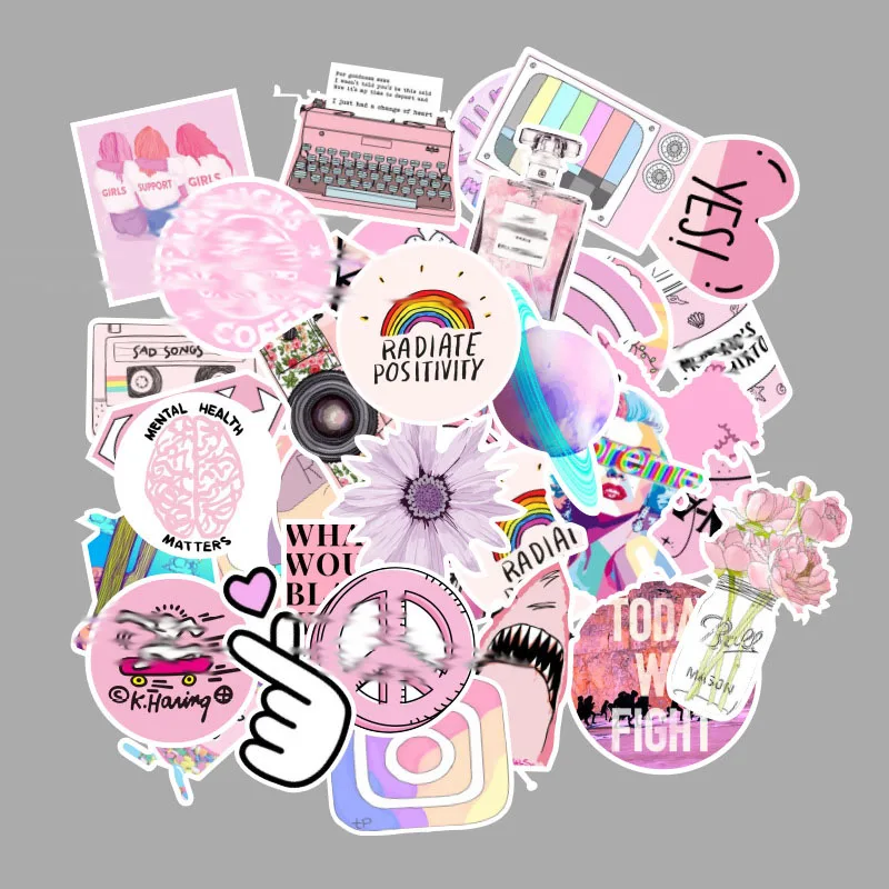 

53 Pieces Pink Style Stickers Things Pack Cool Pink Girl Stickers For On The Laptop Phone Skateboard Fridge Suitcase Sticker