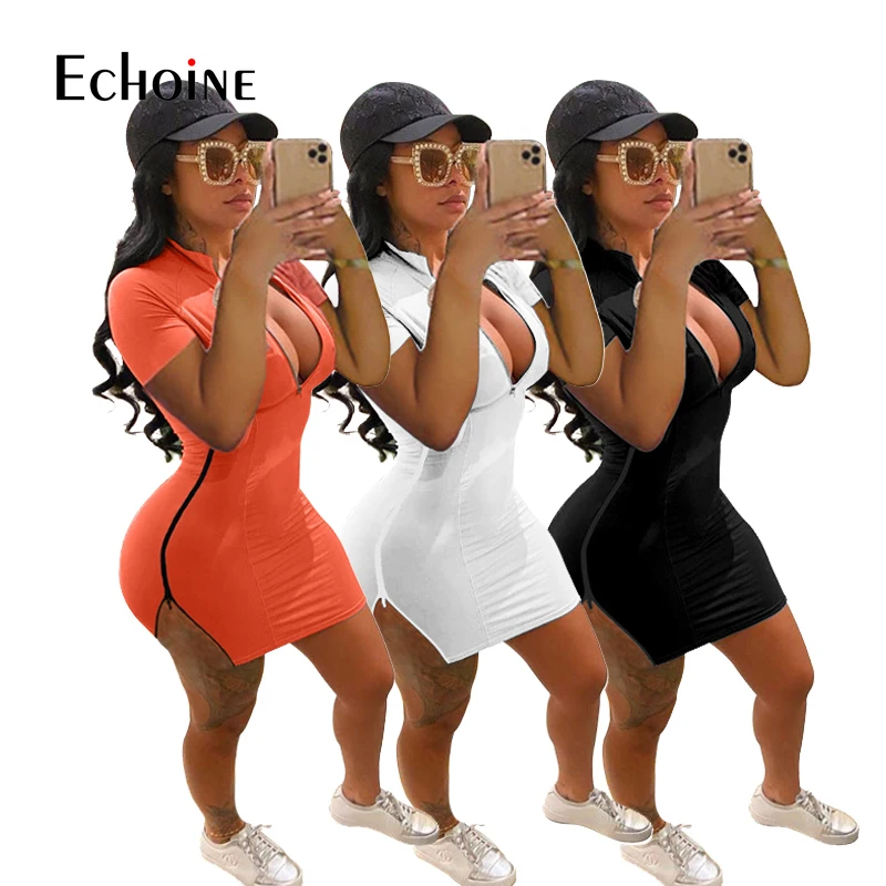

Oluolin Women Summer Sexy T Shirt Side zipper Dress Elegant Bodycon Vintage Casual Party White Black Short Sleeve Mini Dresses