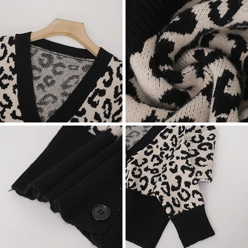 

Retro V-neck Leopard Print Long Sleeve Sweater Women Tops Spring Autumn Korean Style Loose Knitted Cardigan Outerwear T3218