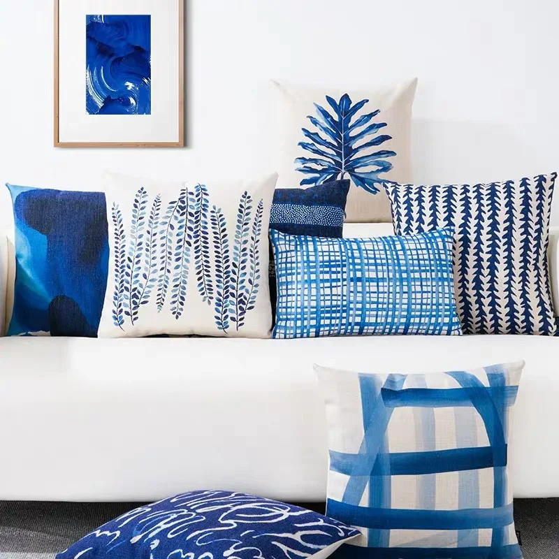 

Farmhouse Buffalo Plaid Striped Throw Pillow Covers Sofa Bed Decorative Cotton Cushions Cover Geometric Klein Blue Pillowcase