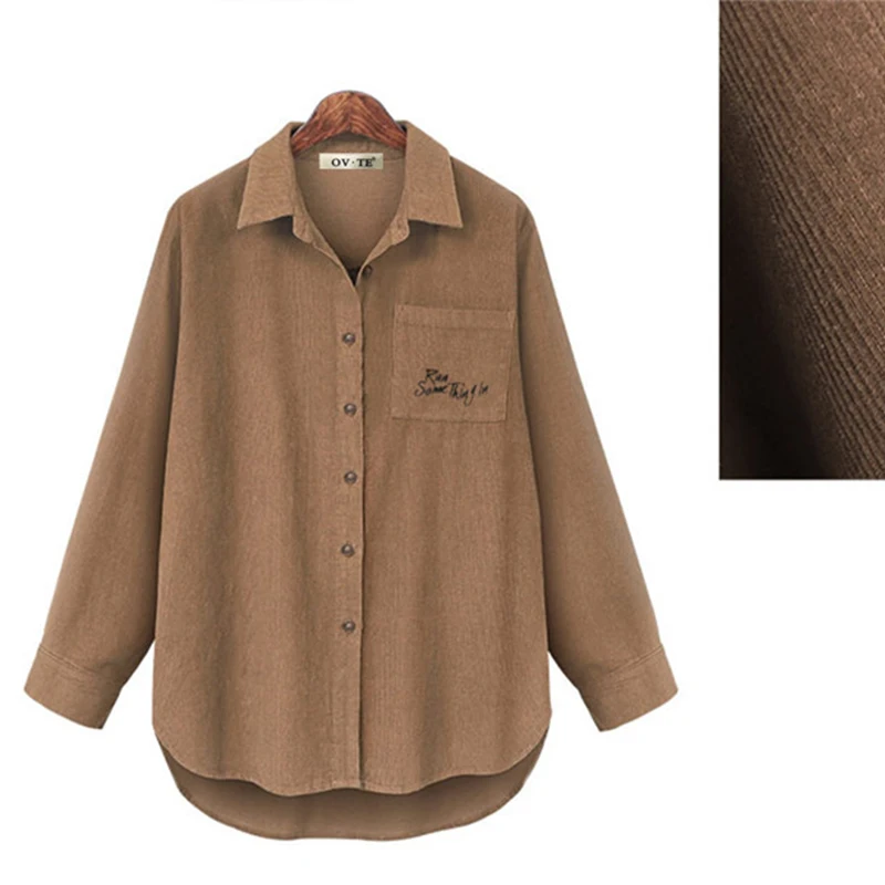 

NEW Spring autumn women's new corduroy medium length embroidered long sleeve shirt large loose top chemise femme