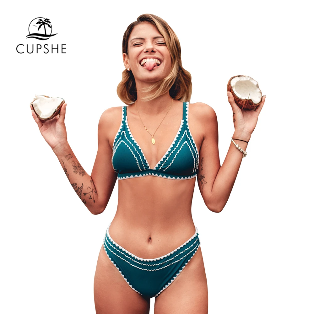 CUPSHE Solid Teal White Crochet Trim Thong Bikini Sets Sexy Swimsuit Two Pieces Swimwear Women 2020 Summer Beach Bathing Suits |