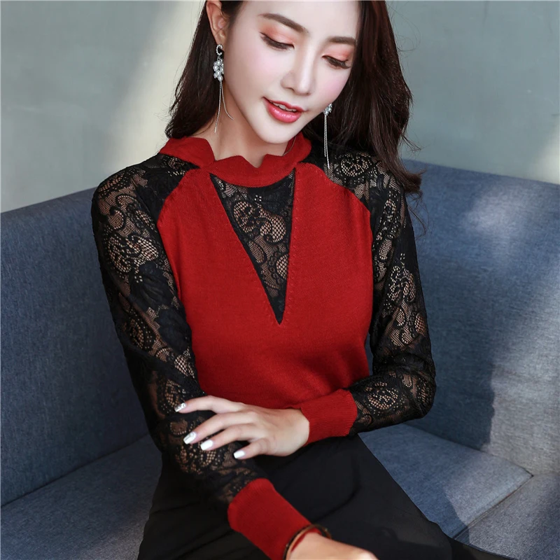 Женский тонкий вязаный свитер модная пикантная блузка с длинным рукавом ажурная