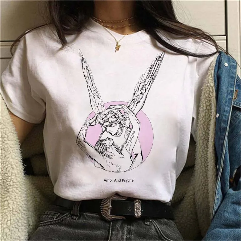 

Large Size Loose O-neck Casual Female Shirt Maycaur Harajuku Fun Black and White Drawing Van Gogh Printing Short-Sleeved T-shirt