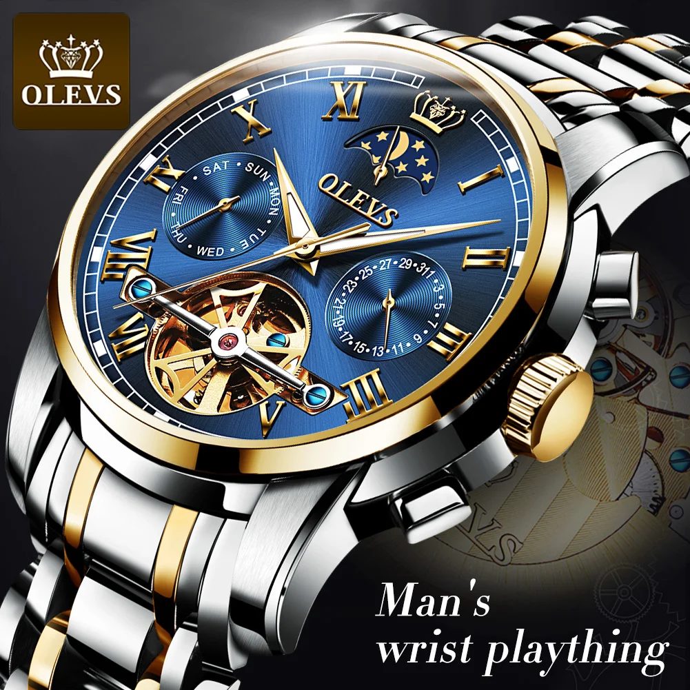 

OLEVS Men Watch Automatic Mechanical Watch Top Brand Dress Luxury Waterproof Moon PhaseTourbillon Wristwatch Gifts for Male