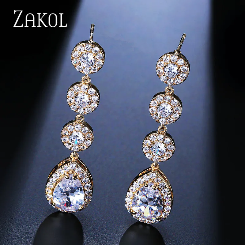 Gold Color Обручальные ювелирные изделия ZAKOL, роскошные серьги в форме капли воды, белые серьги с кубическим цирконием для женщин, обручальные серьги FSEP624 - Окраска металла: Gold Color