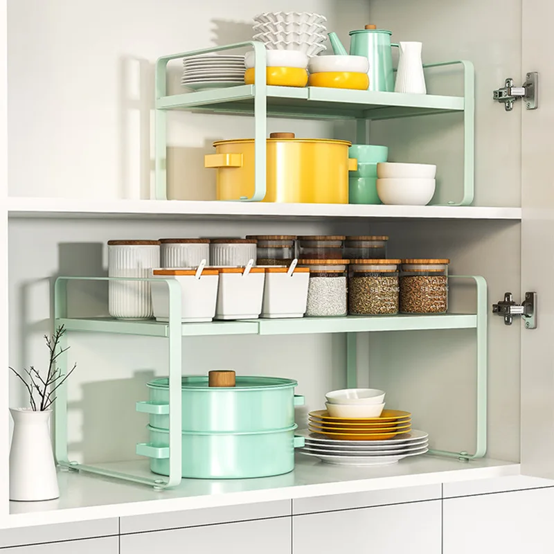 

Two-layer Kitchen Tiered Shelves Telescopic Cabinet Storage Rack Desktop Storage Rack Compartment Seasoning Organizing Rack