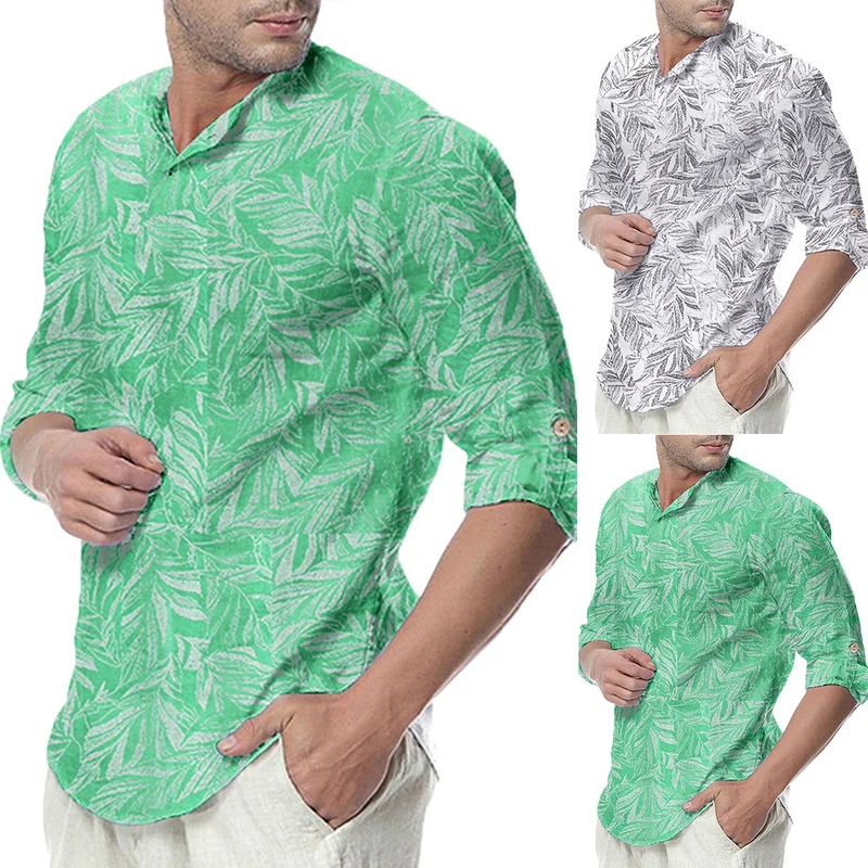 

Shirts for Men Fashion Floral Printed Half Sleeve Slim Summer Shirt Green Casual Blouse White Longewear Tops Man Shirt #m