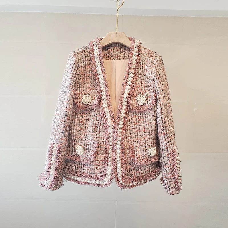 Pink Plaid Tweed Jackets Women Autumn Winter Pearls Beading Tassel Coats V-Neck Vintage Woolen Outwear Plus Size Design B581