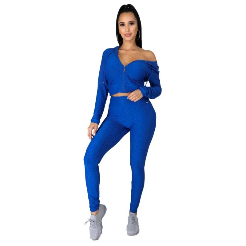 

Autumn and winter pure color jacquard two-piece hooded collar + zipper top + trousers fashion casual sports women's suit
