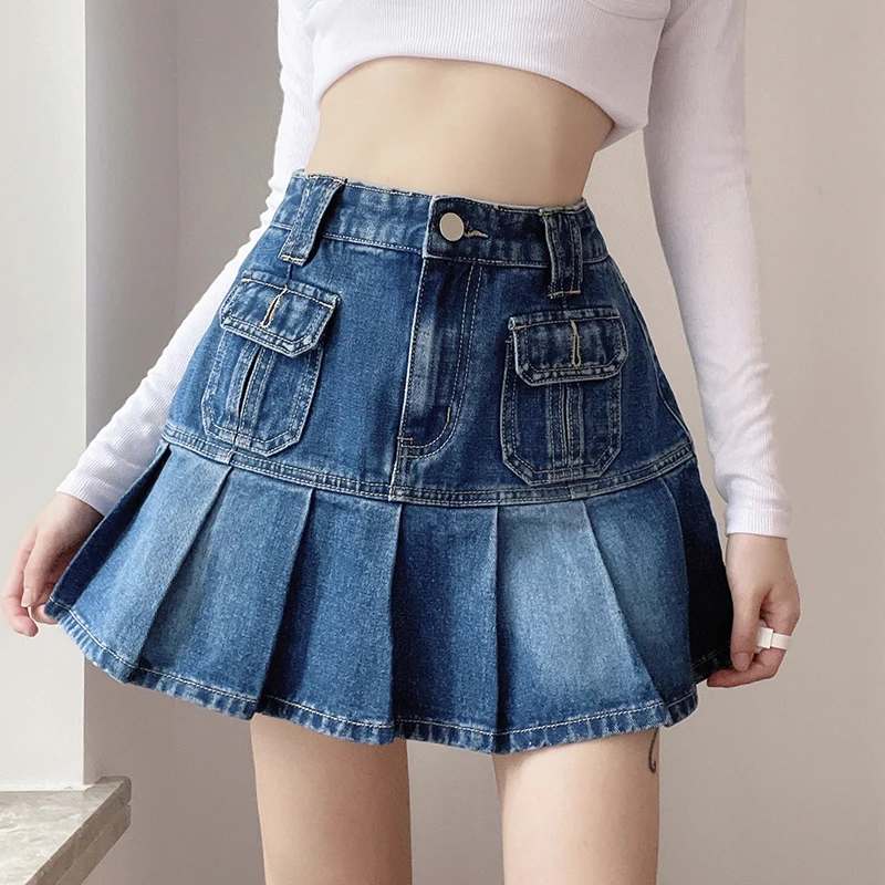 

Женская юбка-трапеция с карманами, джинсовый подол