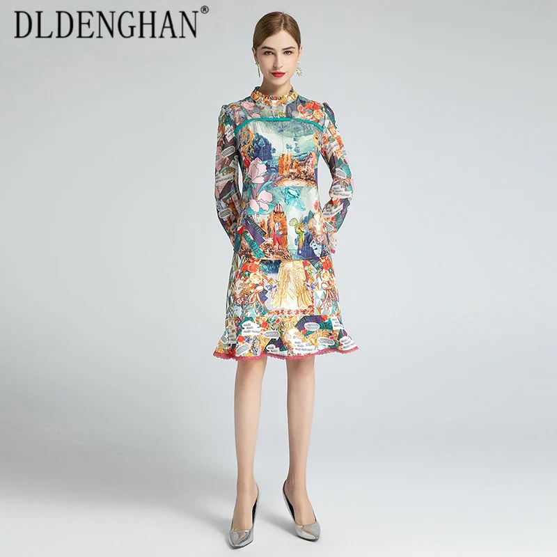 

DLDENGHAN Fashion Floral Print Set Flare Sleeve Tassel Beaded Shirt Tops + Mermaid Skirt Two-Piece Sets Designer Spring New