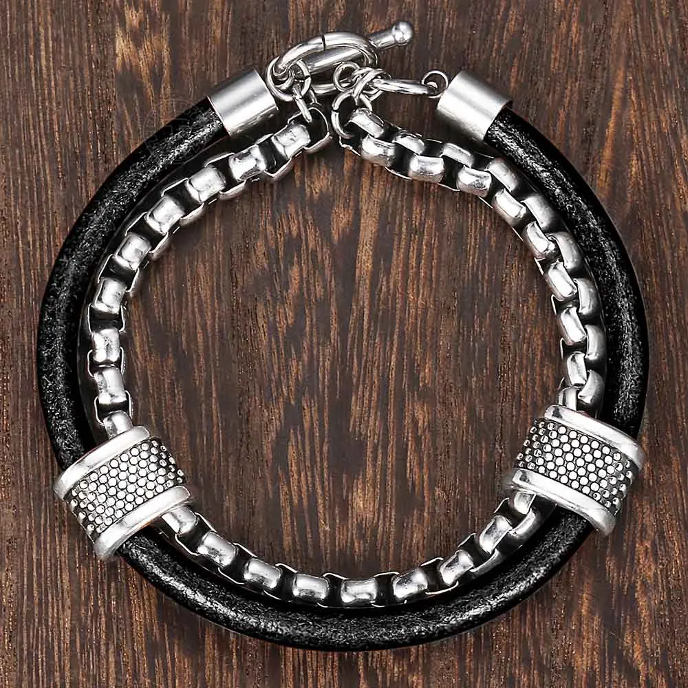 Мужской кожаный браслет Trendsmax черный из нержавеющей стали многослойная цепочка