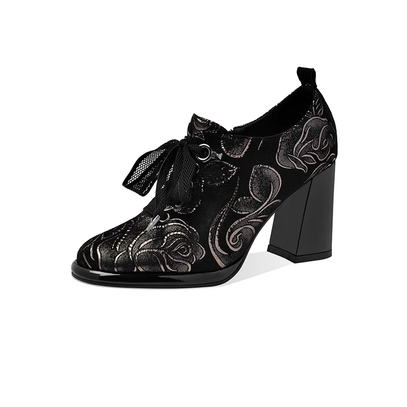 

Women's shoes natural leather plus size Sheepskin Women heels Round head thick high heel embossing shoes for women 3 colors