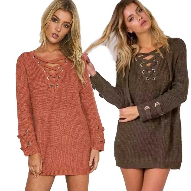 

Women's Solid Color Sexy Fashion Chest Cross Lace Up Sweater 2020 Temperament Commuting Loose Comfortable Medium Length Sweater