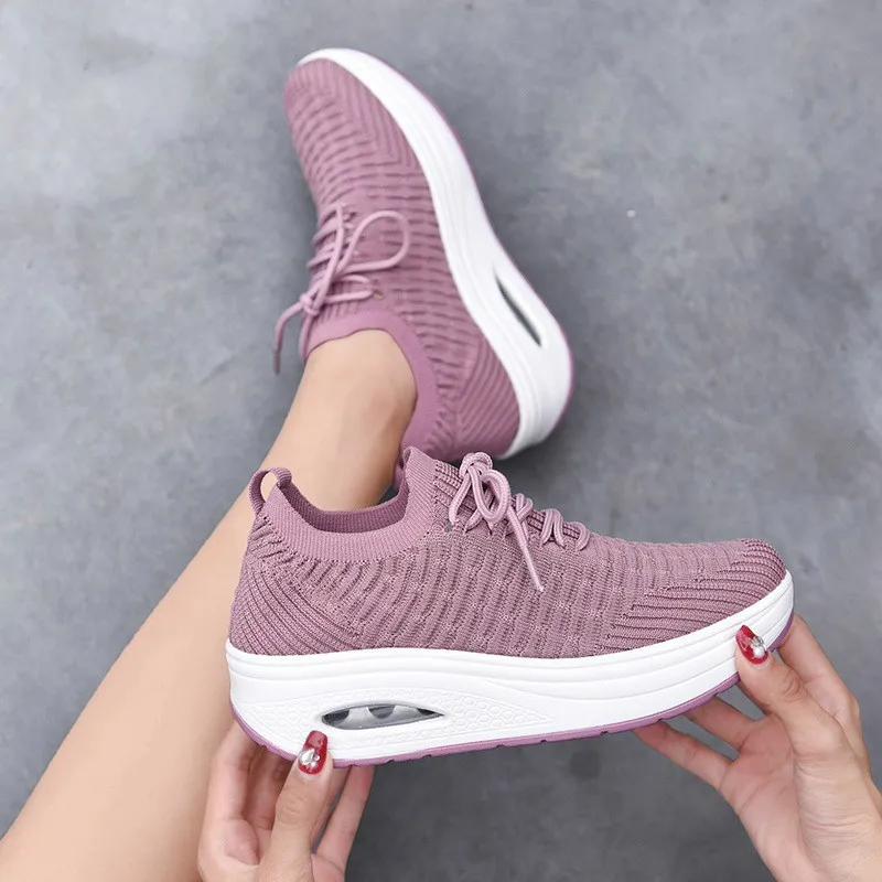 

Fashion Breathable Air Mesh Women Shoes Wedges Heel Shoes Ladies Knitting Sock Sneakers Women Platform Casual Shoes