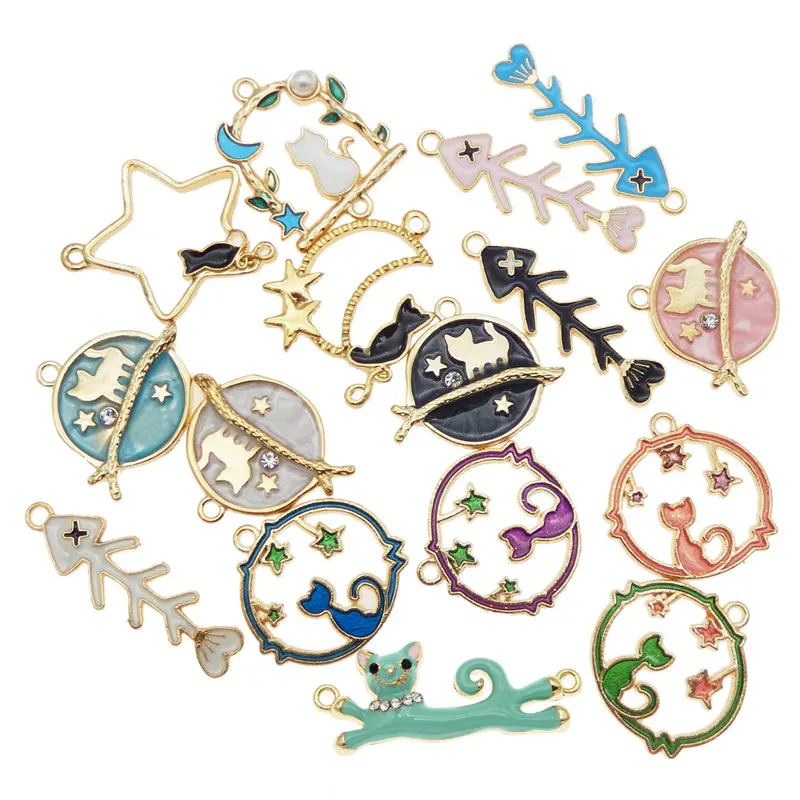 Julie Wang 10PCS Enamel Cat Fish Bone Charms Random Mixed Alloy Gold Tone Necklace Bracelet Earring Jewelry Making Accessory | Украшения и