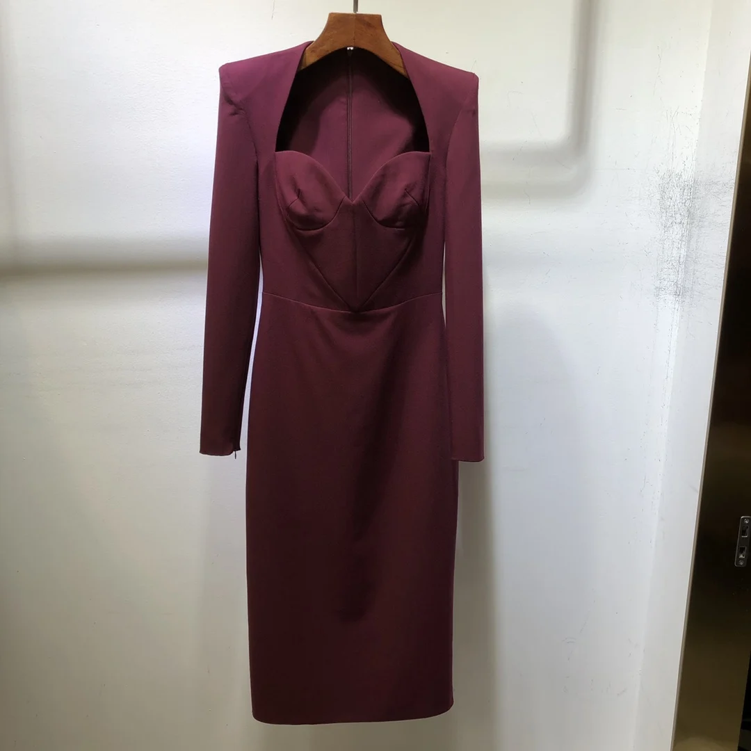 

New Ladies Fashion 2023 Long Sleeve Square Neck Fishbone Slim Dress 1221