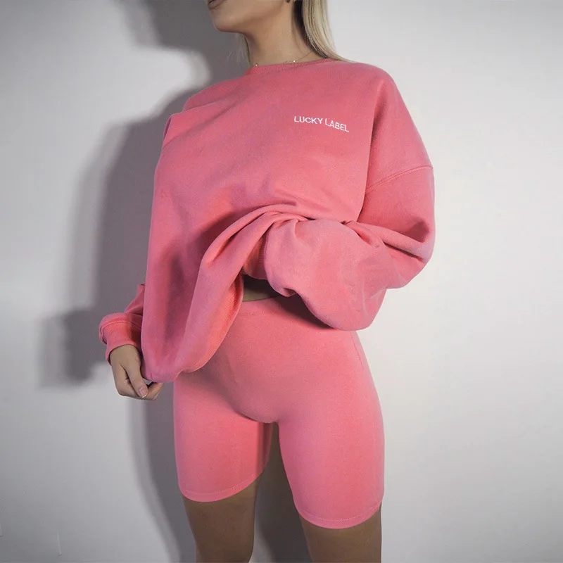

Women's Tracksuit Loose Long Sleeve Sweatshirt Shorts Suit High-Waist Round Neck Elastic Fall Household Shorts Autumn Home