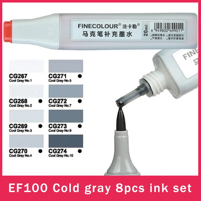 EF100-cold-gray-8pcs Finecolour EF900 художественные масляные спиртовые чернильные маркеры 20 мл EF100/101/102 универсальные пополняющие/добавляемые/Заполняемые жидкие чернила 480 цветов - Цвет: EF100-cold-gray-8pcs